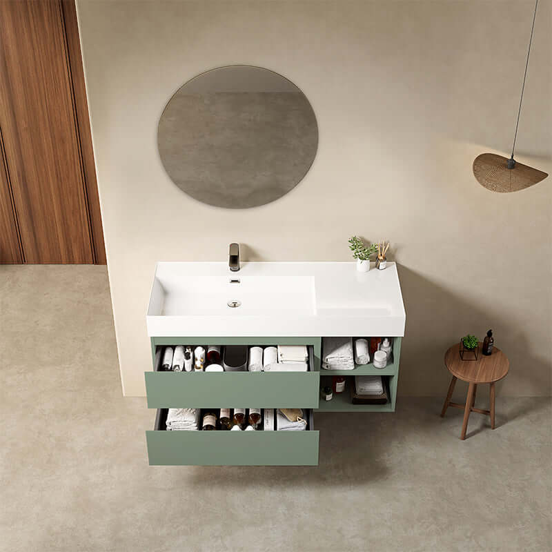 Mobile bagno sospeso 120 cm Verde Salvia Lavabo a Sinistra in Resina Specchio Tondo - Fiji Paint Plus