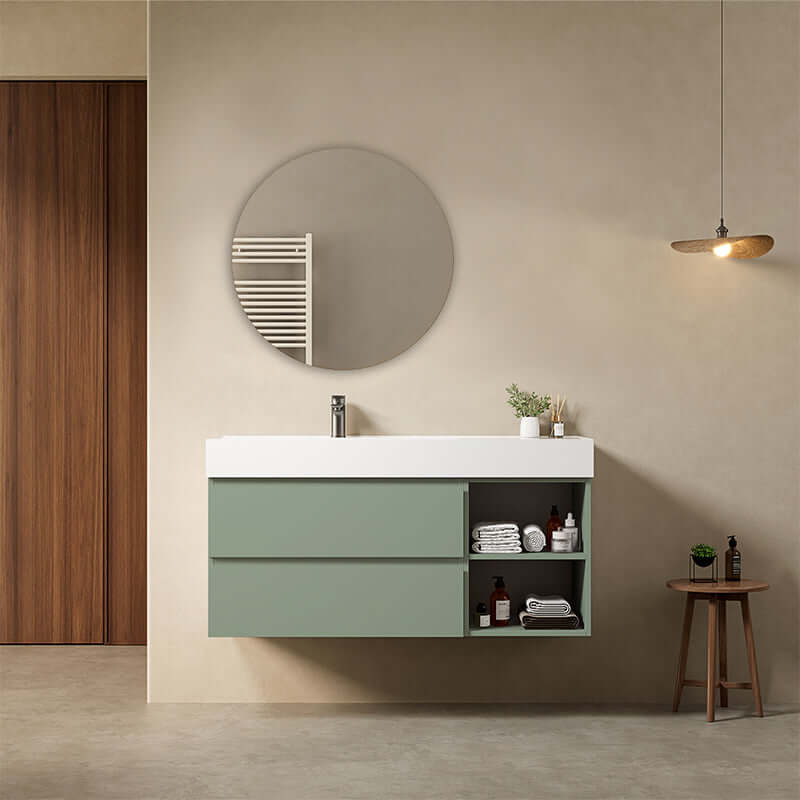 Mobile bagno sospeso 120 cm Verde Salvia Lavabo a Sinistra in Resina Specchio Tondo - Fiji Paint Plus