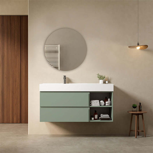 Mobile bagno sospeso 120 cm Verde Salvia Lavabo a Sinistra in Resina Specchio Tondo - Fiji Paint Plus