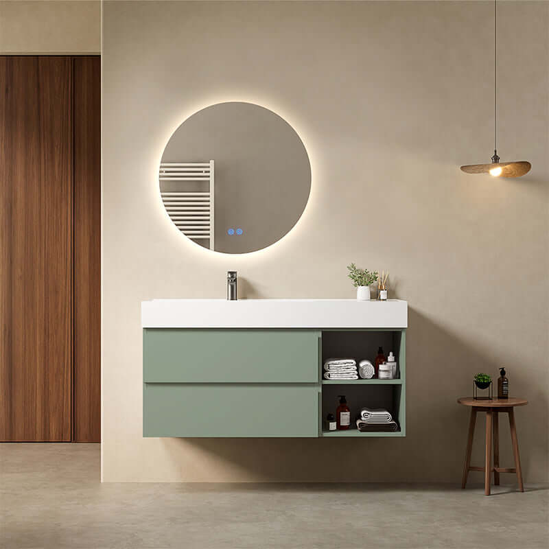 Mobile bagno sospeso 120 cm Verde Salvia Lavabo a Sinistra in Resina Specchio Tondo Retroilluminato - Fiji Paint Plus