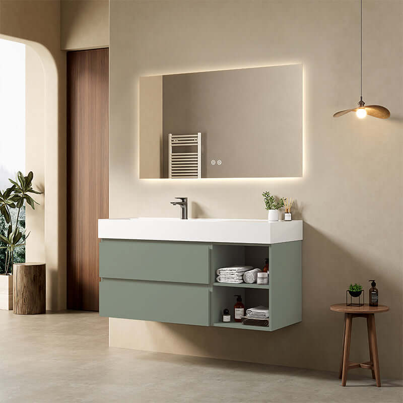 Mobile bagno sospeso 120 cm Verde Salvia Lavabo a Sinistra in Resina Specchio Quadro Retroilluminato - Fiji Paint Plus