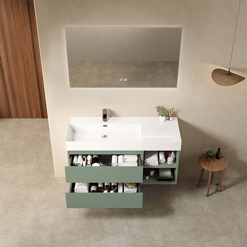Mobile bagno sospeso 120 cm Verde Salvia Lavabo a Sinistra in Resina Specchio Quadro Retroilluminato - Fiji Paint Plus
