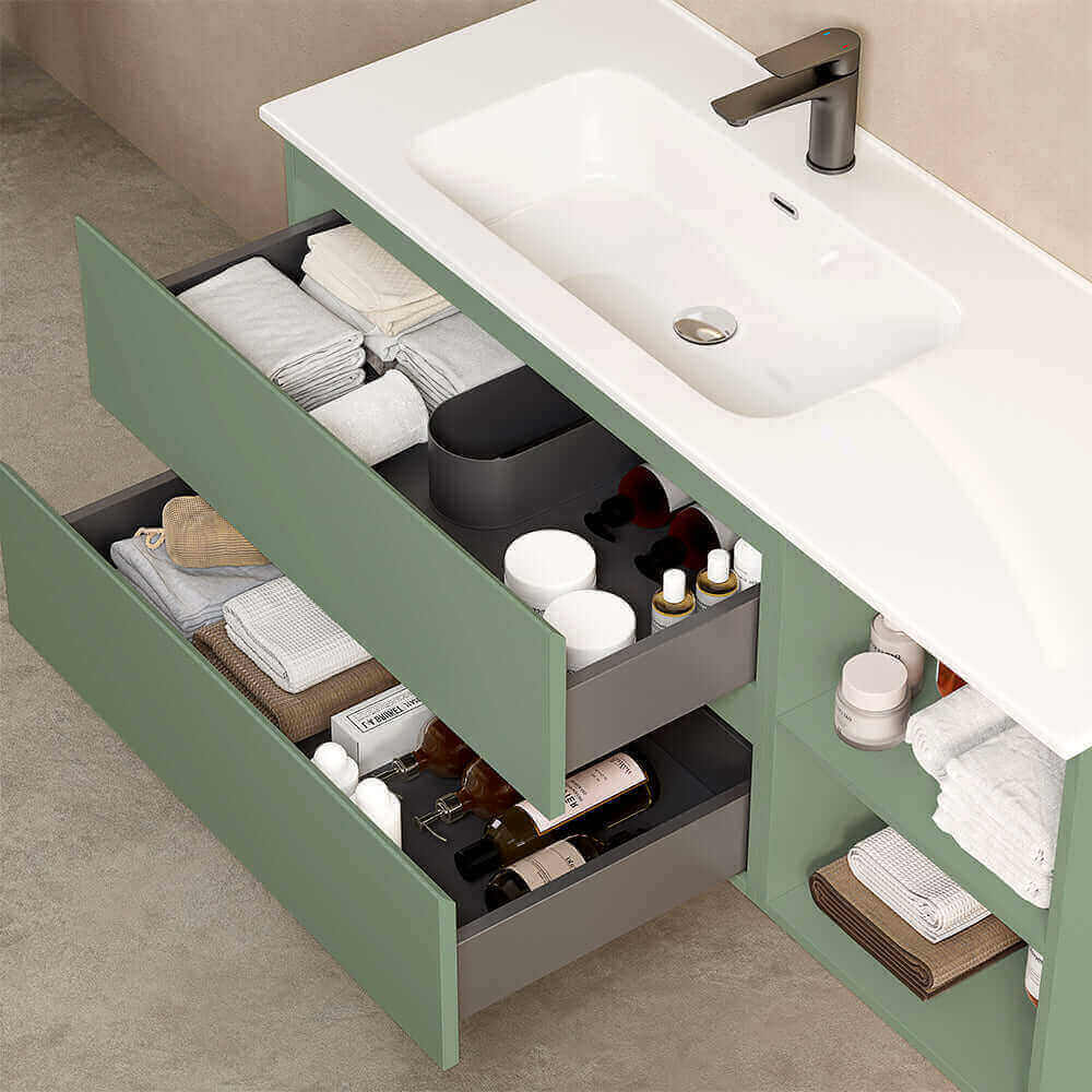 Mobile bagno sospeso 120 cm Verde Salvia Lavabo a Sinistra in Ceramica Senza Specchio - Fiji Paint Plus