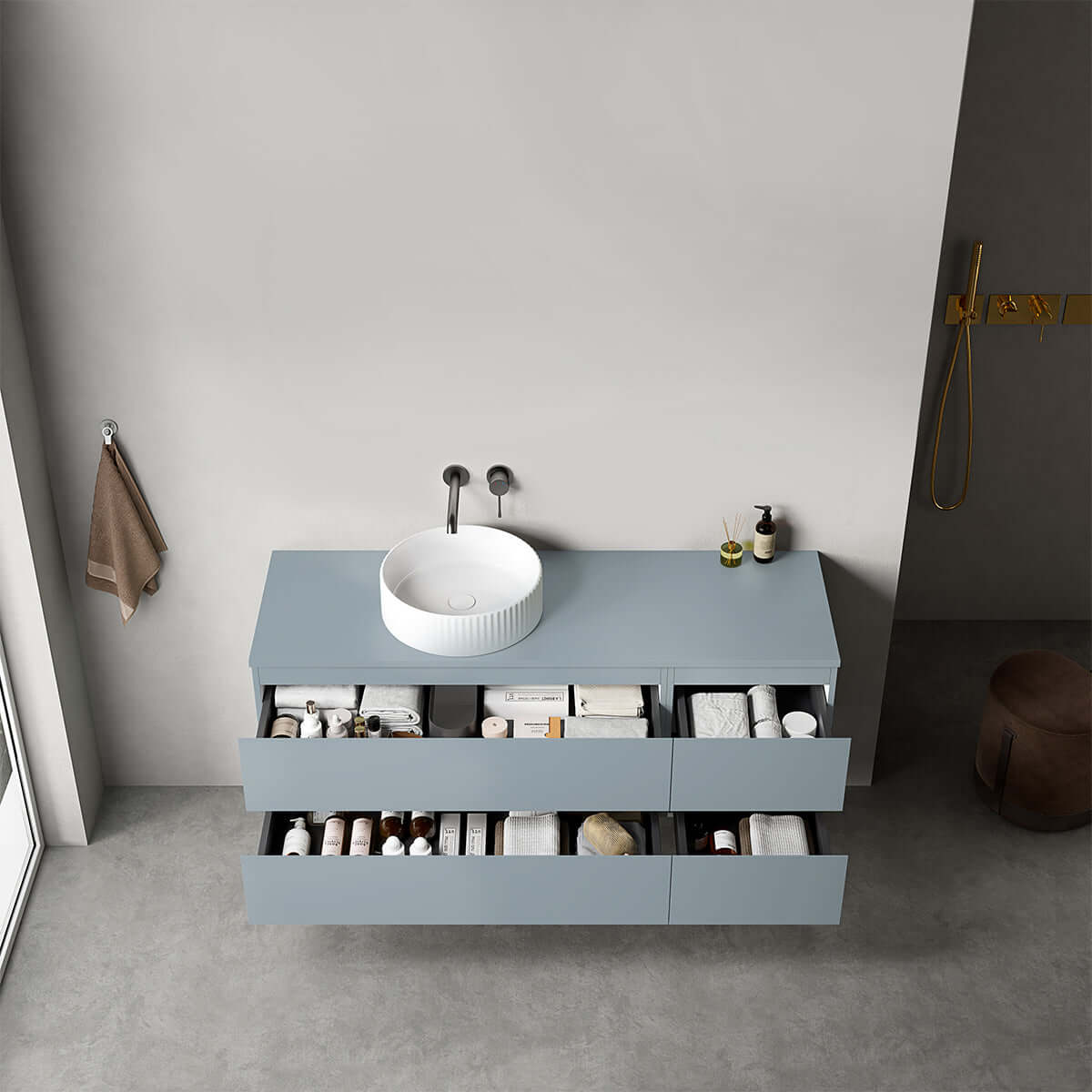 Mobile bagno sospeso reversibile  140 cm Blu Avio per Lavabo d'appoggio Senza Specchio - Fiji Paint