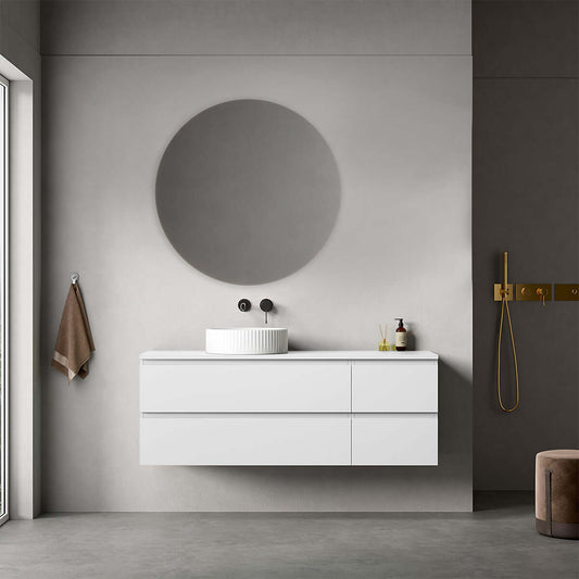 Mobile bagno sospeso reversibile  140 cm Bianco Opaco per Lavabo d'appoggio Specchio Tondo - Fiji Paint