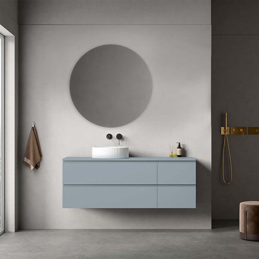 Mobile bagno sospeso reversibile  140 cm Blu Avio per Lavabo d'appoggio Specchio Tondo - Fiji Paint