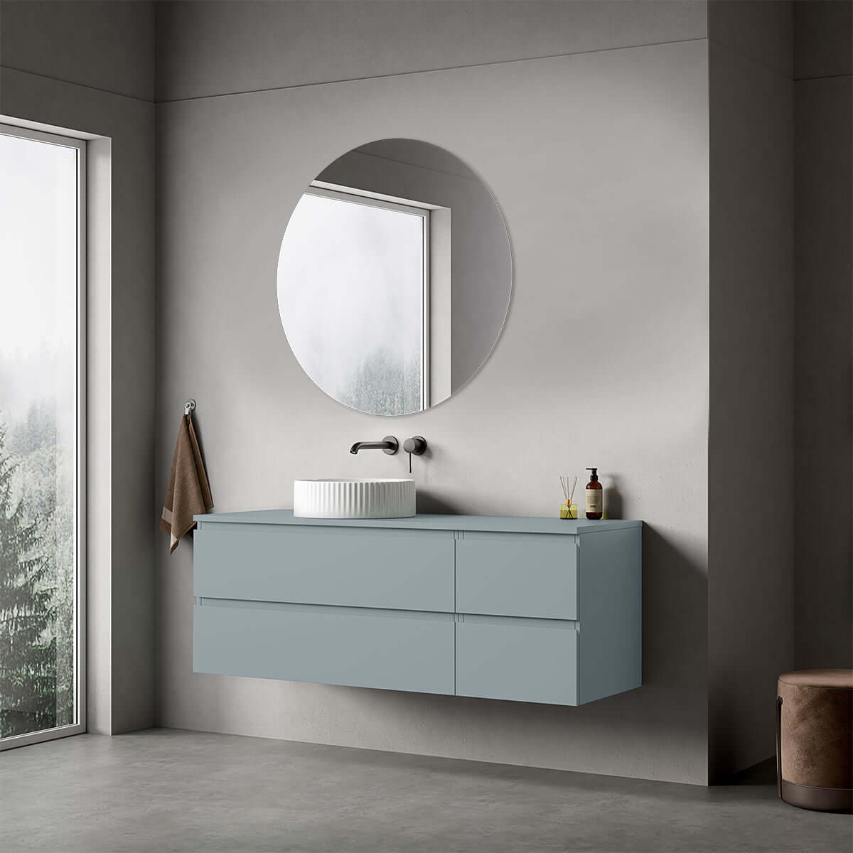 Mobile bagno sospeso reversibile  140 cm Blu Avio per Lavabo d'appoggio Specchio Tondo - Fiji Paint