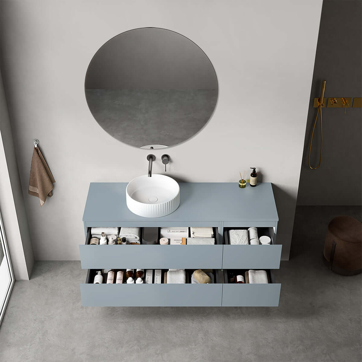 Mobile bagno sospeso reversibile  140 cm Blu Avio per Lavabo d'appoggio Specchio Tondo - Fiji Paint