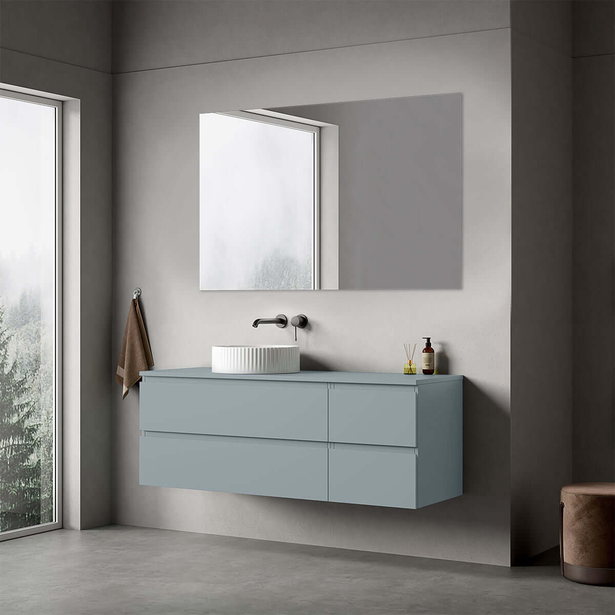 Mobile bagno sospeso reversibile  140 cm Blu Avio per Lavabo d'appoggio Specchio Quadro - Fiji Paint