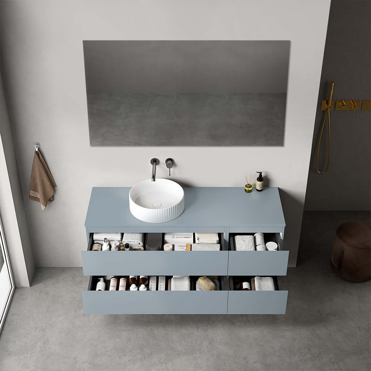 Mobile bagno sospeso reversibile  140 cm Blu Avio per Lavabo d'appoggio Specchio Quadro - Fiji Paint