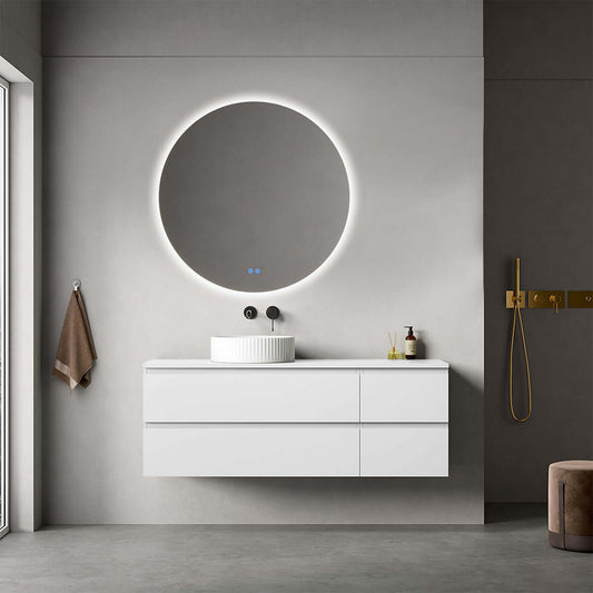 Mobile bagno sospeso reversibile  140 cm Bianco Opaco per Lavabo d'appoggio Specchio Tondo Retroilluminato - Fiji Paint