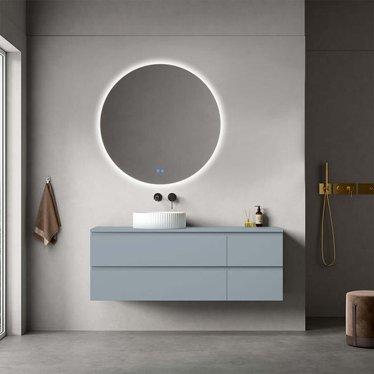 Mobile bagno sospeso reversibile  140 cm Blu Avio per Lavabo d'appoggio Specchio Tondo Retroilluminato - Fiji Paint