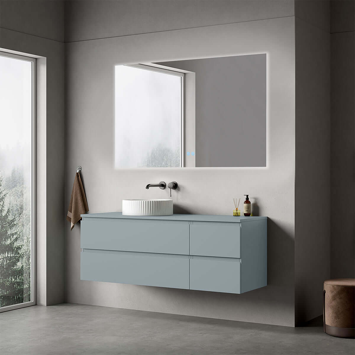 Mobile bagno sospeso reversibile  140 cm Blu Avio per Lavabo d'appoggio Specchio Quadro Retroilluminato - Fiji Paint