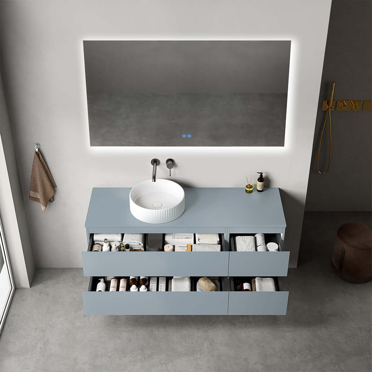 Mobile bagno sospeso reversibile  140 cm Blu Avio per Lavabo d'appoggio Specchio Quadro Retroilluminato - Fiji Paint