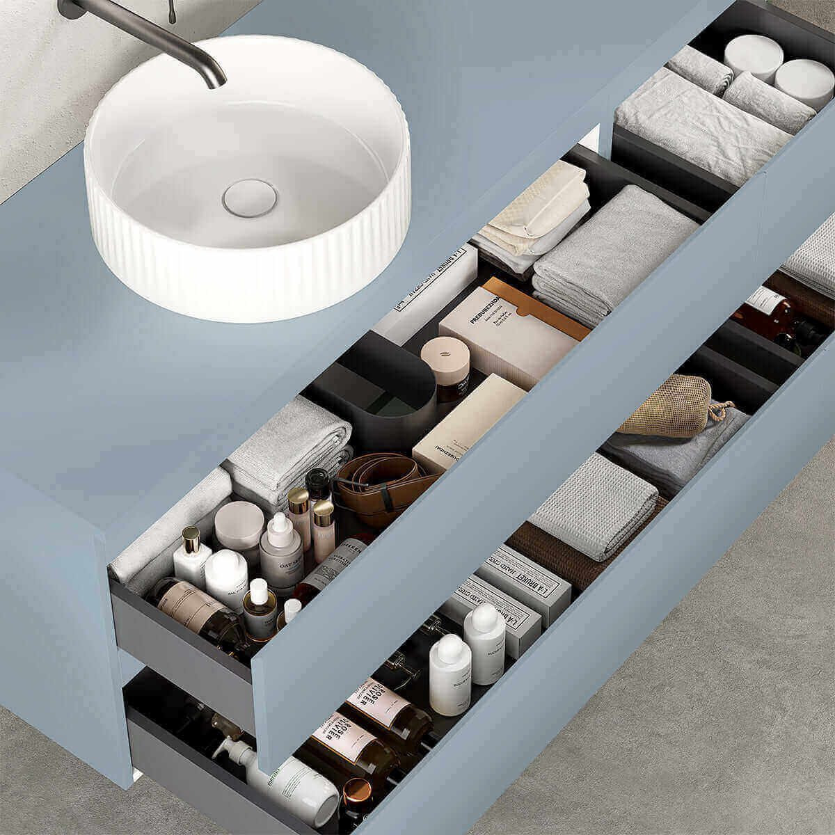 Mobile bagno sospeso reversibile  140 cm Blu Avio per Lavabo d'appoggio Specchio Tondo - Fiji Paint