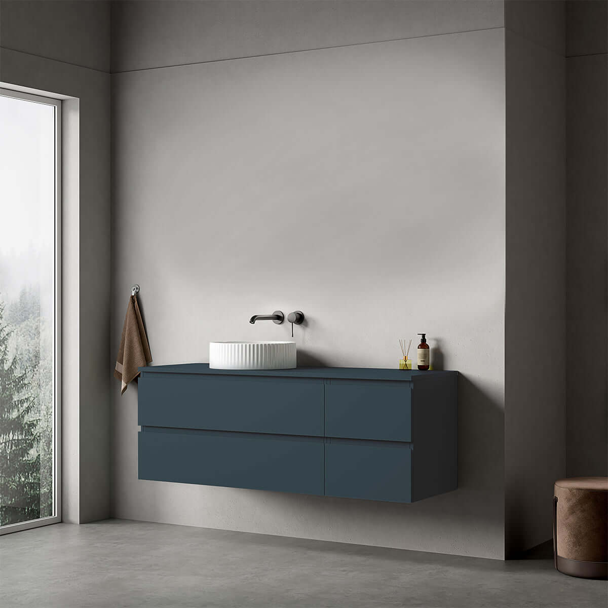 Mobile bagno sospeso reversibile  140 cm Blu Mare per Lavabo d'appoggio Senza Specchio - Fiji Paint