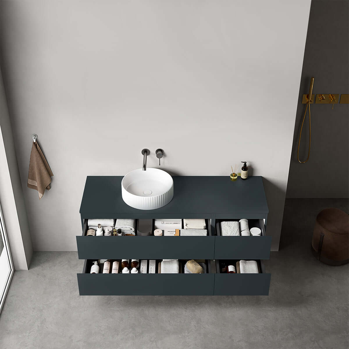 Mobile bagno sospeso reversibile  140 cm Blu Mare per Lavabo d'appoggio Senza Specchio - Fiji Paint