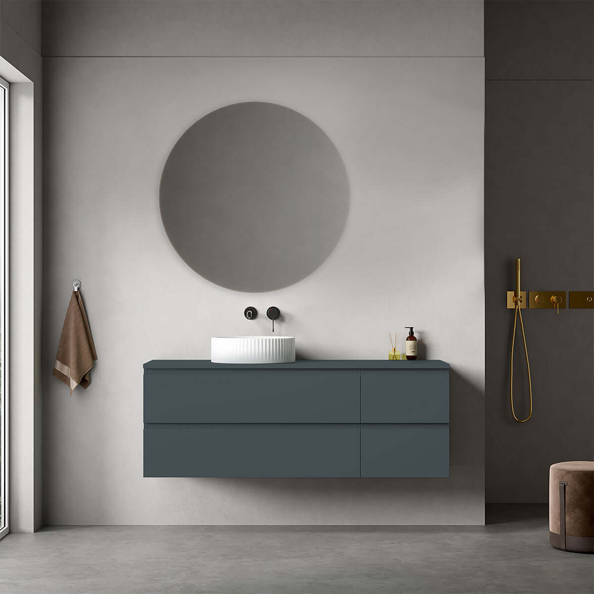 Mobile bagno sospeso reversibile  140 cm Blu Mare per Lavabo d'appoggio Specchio Tondo - Fiji Paint
