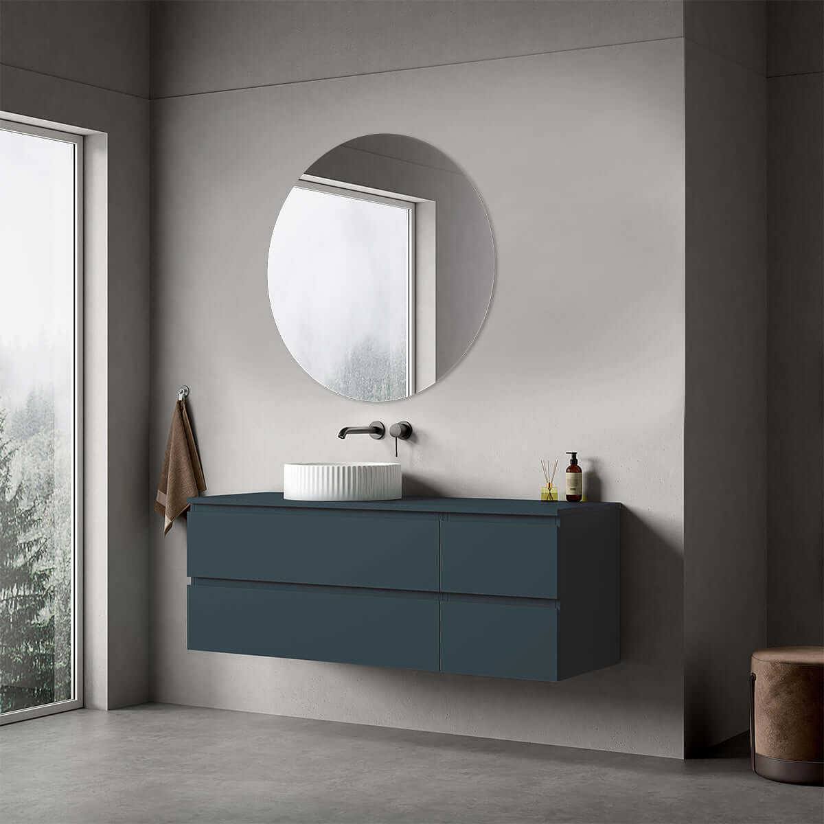 Mobile bagno sospeso reversibile  140 cm Blu Mare per Lavabo d'appoggio Specchio Tondo - Fiji Paint