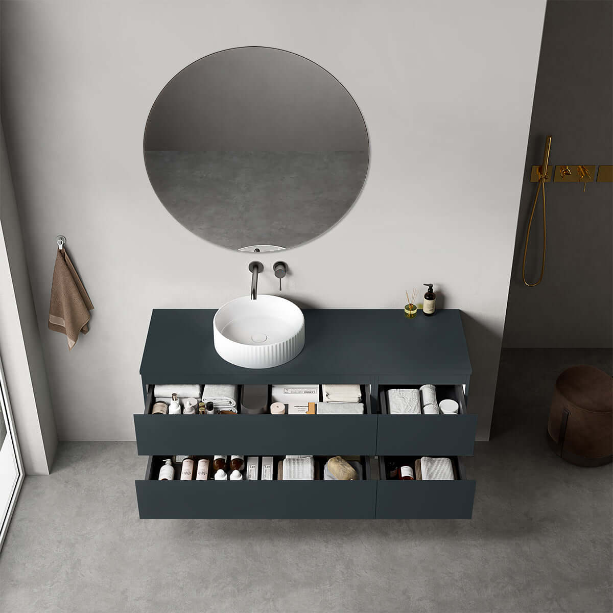 Mobile bagno sospeso reversibile  140 cm Blu Mare per Lavabo d'appoggio Specchio Tondo - Fiji Paint
