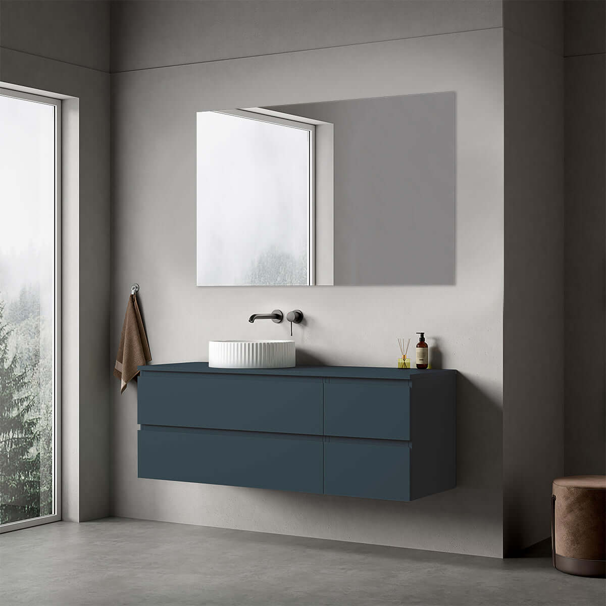 Mobile bagno sospeso reversibile  140 cm Blu Mare per Lavabo d'appoggio Specchio Quadro - Fiji Paint