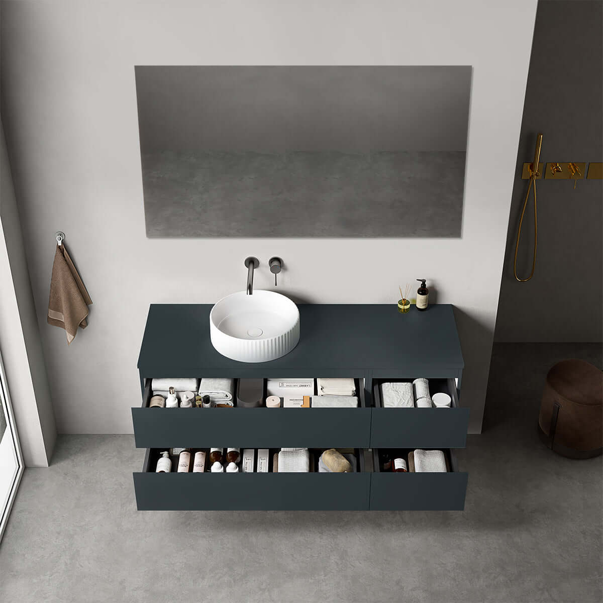 Mobile bagno sospeso reversibile  140 cm Blu Mare per Lavabo d'appoggio Specchio Quadro - Fiji Paint