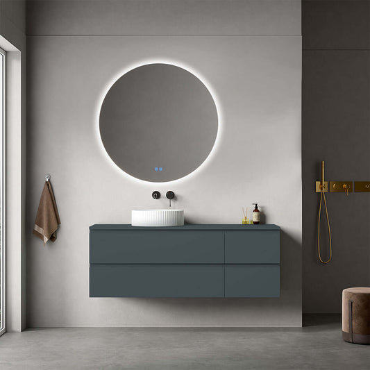 Mobile bagno sospeso reversibile  140 cm Blu Mare per Lavabo d'appoggio Specchio Tondo Retroilluminato - Fiji Paint