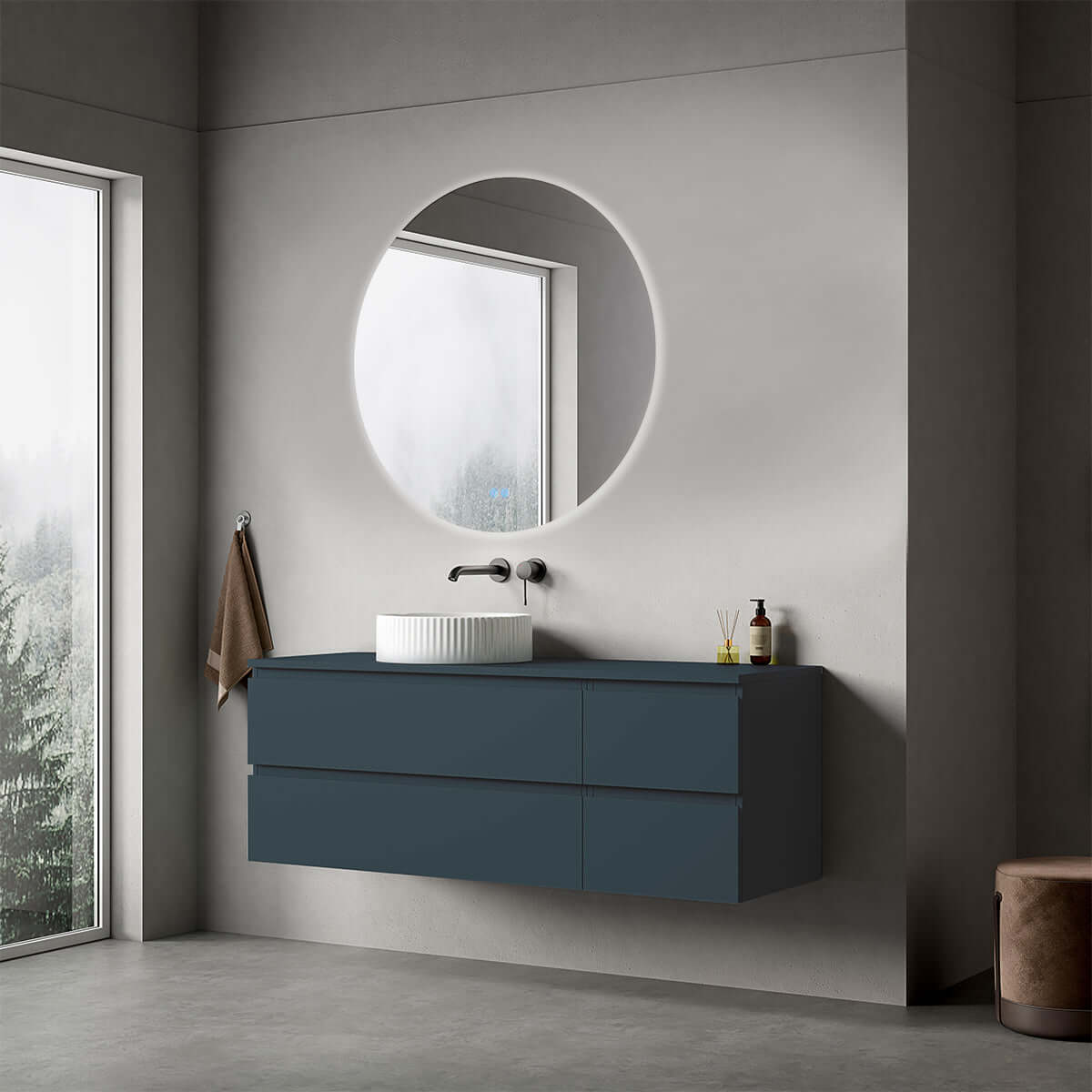Mobile bagno sospeso reversibile  140 cm Blu Mare per Lavabo d'appoggio Specchio Tondo Retroilluminato - Fiji Paint
