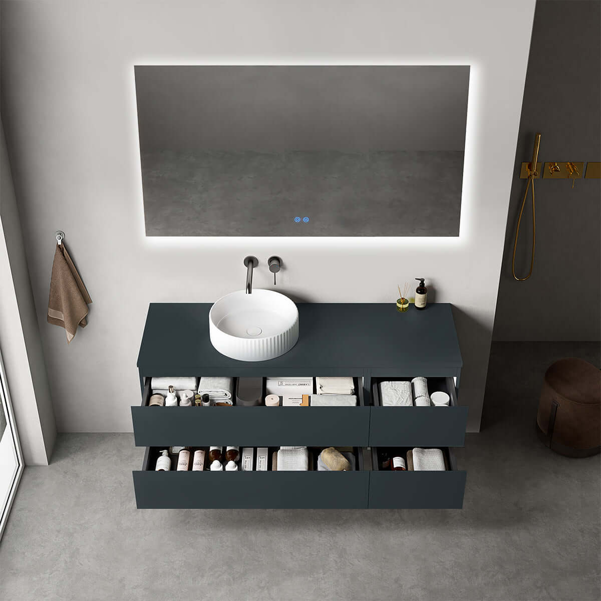 Mobile bagno sospeso reversibile  140 cm Blu Mare per Lavabo d'appoggio Specchio Quadro Retroilluminato - Fiji Paint