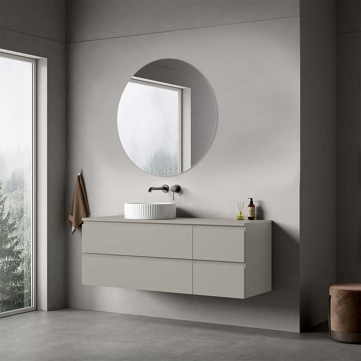 Mobile bagno sospeso reversibile  140 cm Grigio Cenere  per Lavabo d'appoggio Specchio Tondo - Fiji Paint