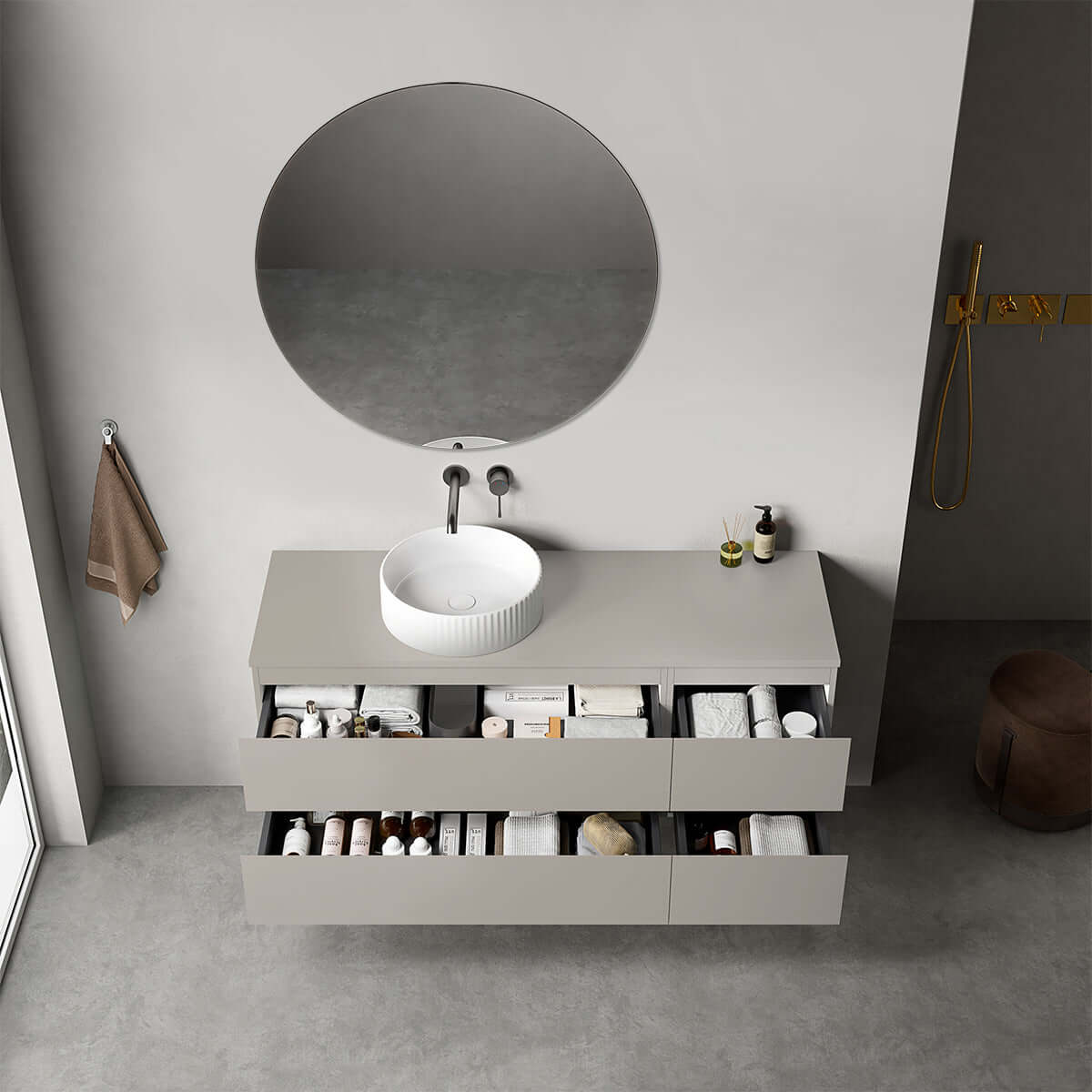 Mobile bagno sospeso reversibile  140 cm Grigio Cenere  per Lavabo d'appoggio Specchio Tondo - Fiji Paint