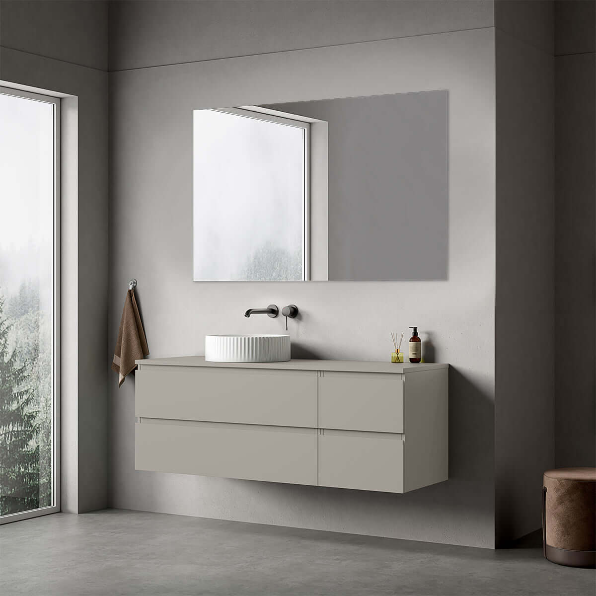 Mobile bagno sospeso reversibile  140 cm Grigio Cenere  per Lavabo d'appoggio Specchio Quadro - Fiji Paint