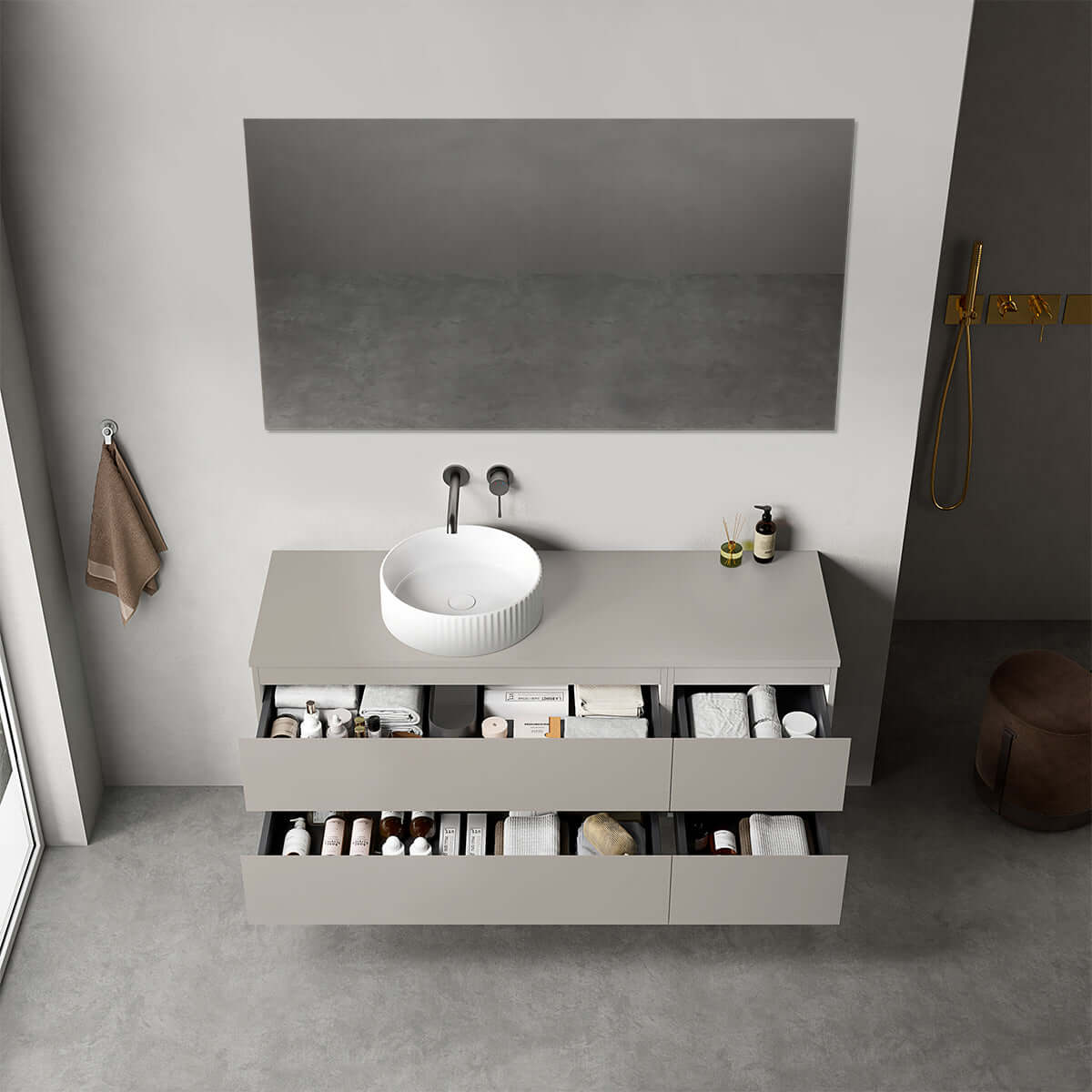 Mobile bagno sospeso reversibile  140 cm Grigio Cenere  per Lavabo d'appoggio Specchio Quadro - Fiji Paint