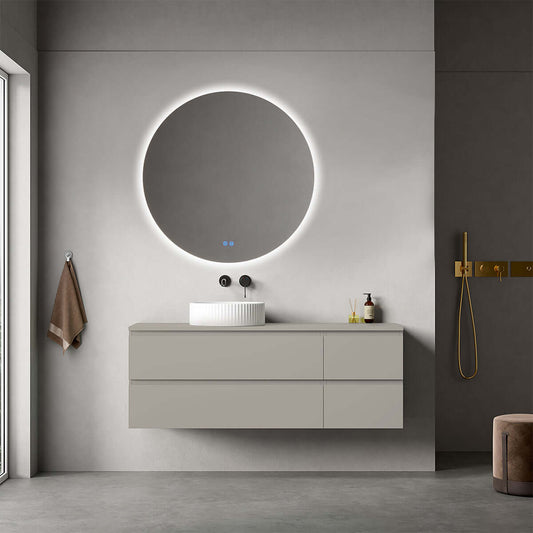 Mobile bagno sospeso reversibile  140 cm Grigio Cenere  per Lavabo d'appoggio Specchio Tondo Retroilluminato - Fiji Paint