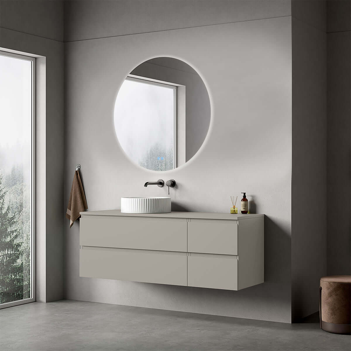 Mobile bagno sospeso reversibile  140 cm Grigio Cenere  per Lavabo d'appoggio Specchio Tondo Retroilluminato - Fiji Paint