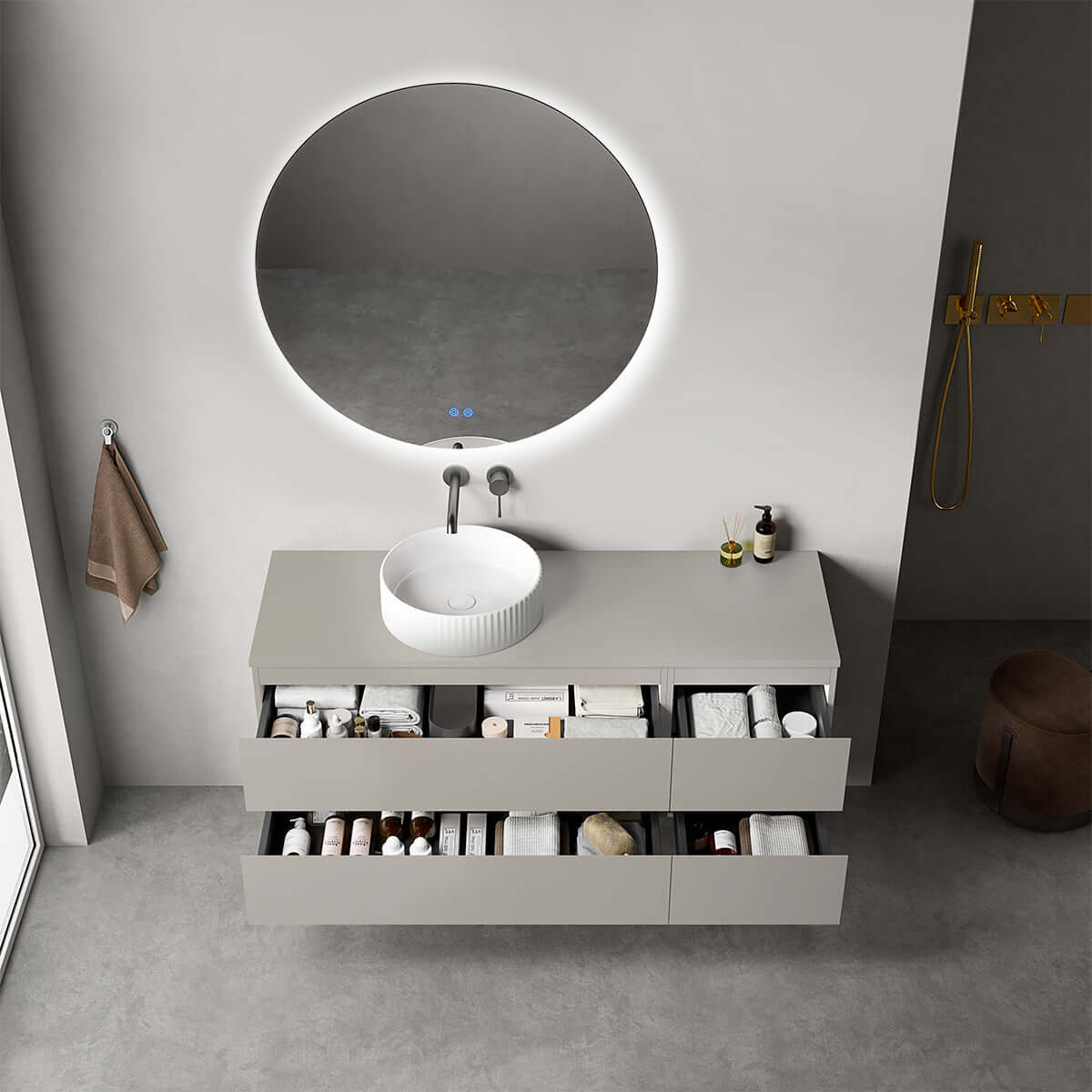 Mobile bagno sospeso reversibile  140 cm Grigio Cenere  per Lavabo d'appoggio Specchio Tondo Retroilluminato - Fiji Paint