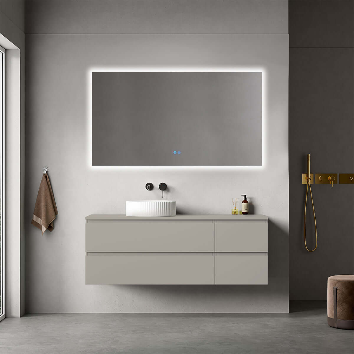 Mobile bagno sospeso reversibile  140 cm Grigio Cenere  per Lavabo d'appoggio Specchio Quadro Retroilluminato - Fiji Paint