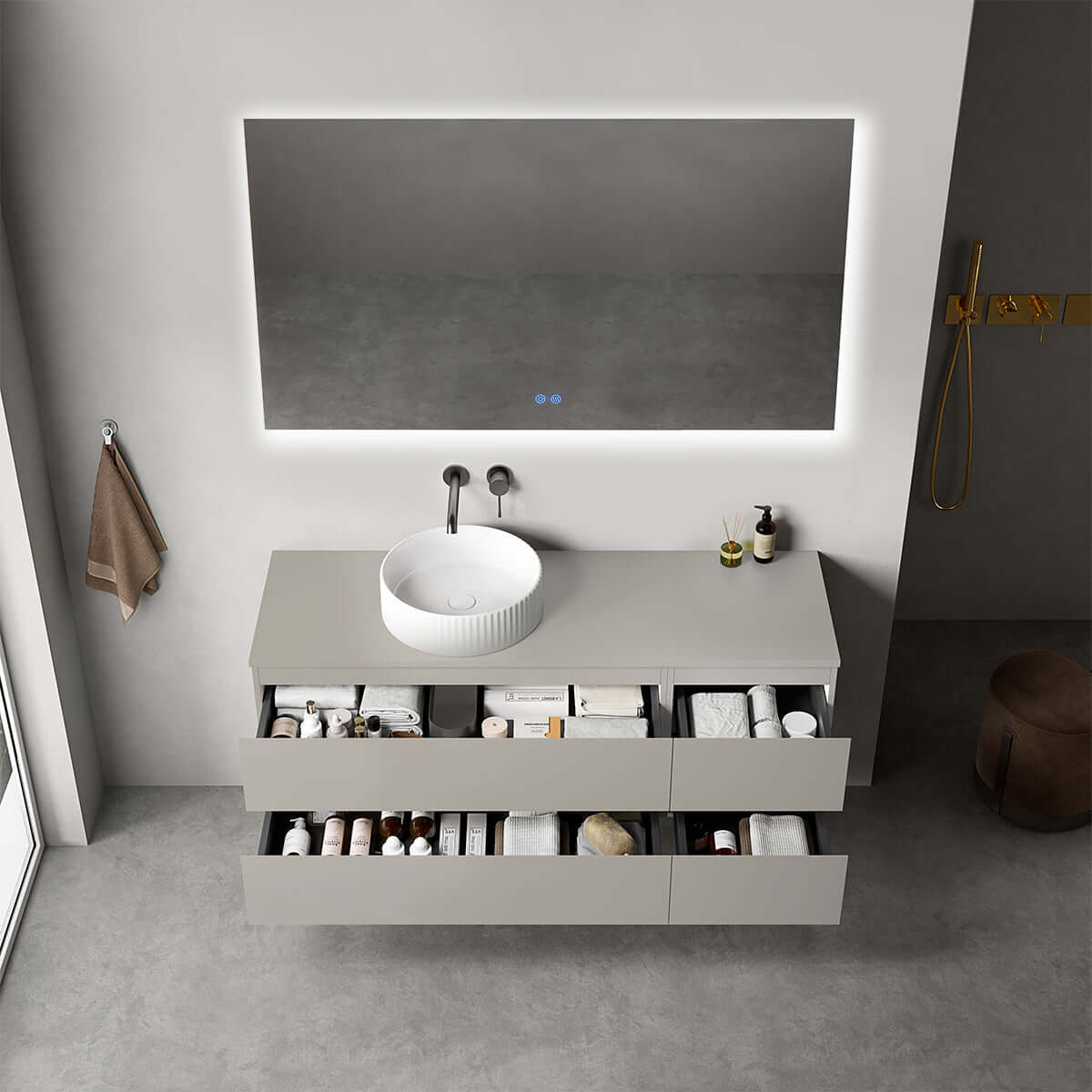 Mobile bagno sospeso reversibile  140 cm Grigio Cenere  per Lavabo d'appoggio Specchio Quadro Retroilluminato - Fiji Paint
