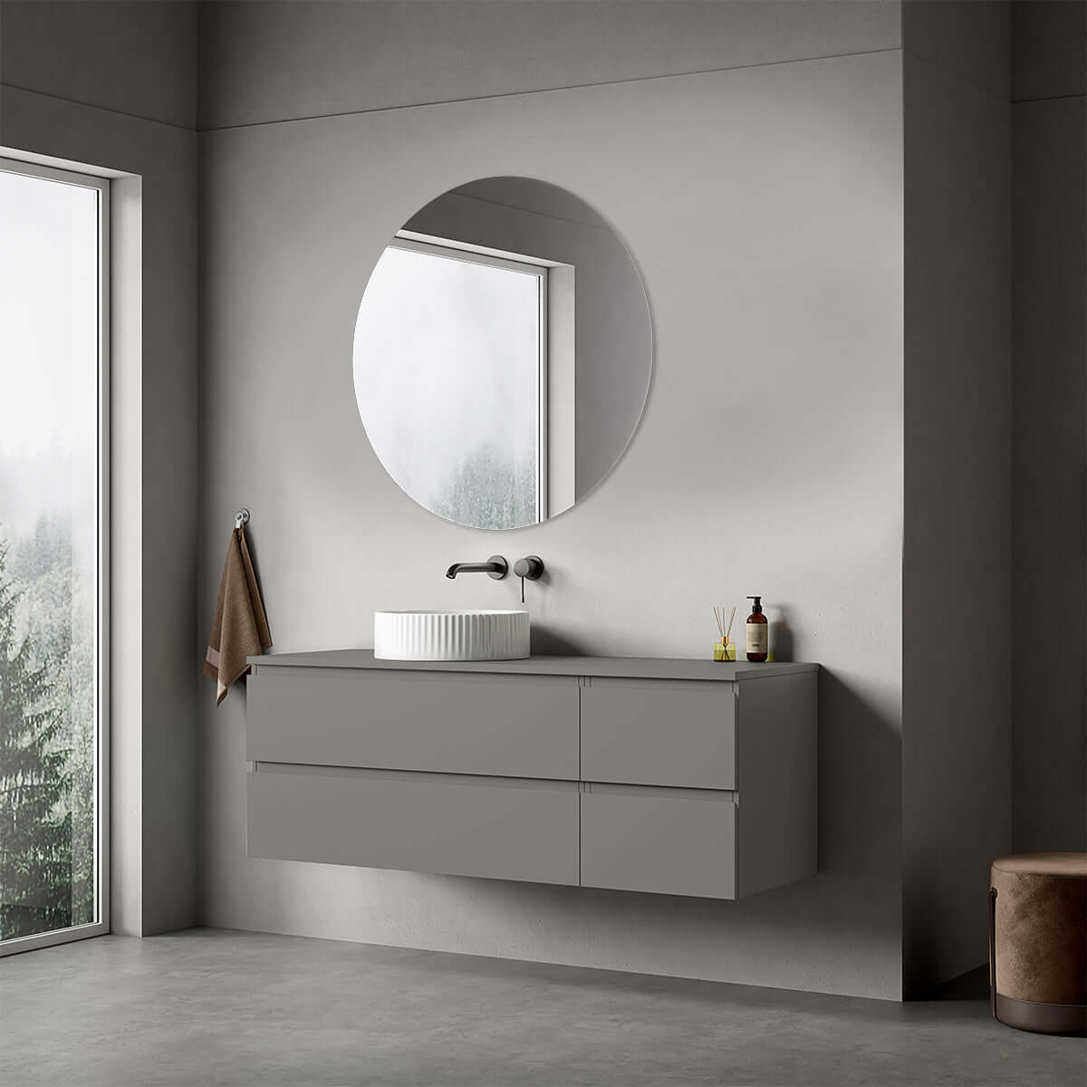 Mobile bagno sospeso reversibile  140 cm Grigio Londra per Lavabo d'appoggio Specchio Tondo - Fiji Paint