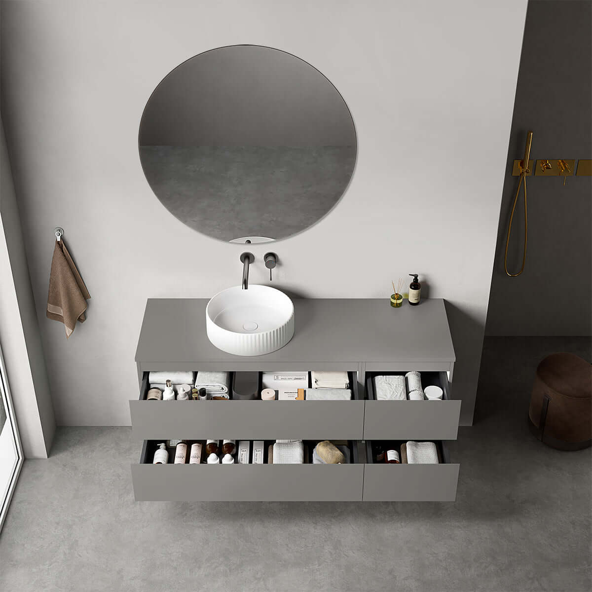 Mobile bagno sospeso reversibile  140 cm Grigio Londra per Lavabo d'appoggio Specchio Tondo - Fiji Paint