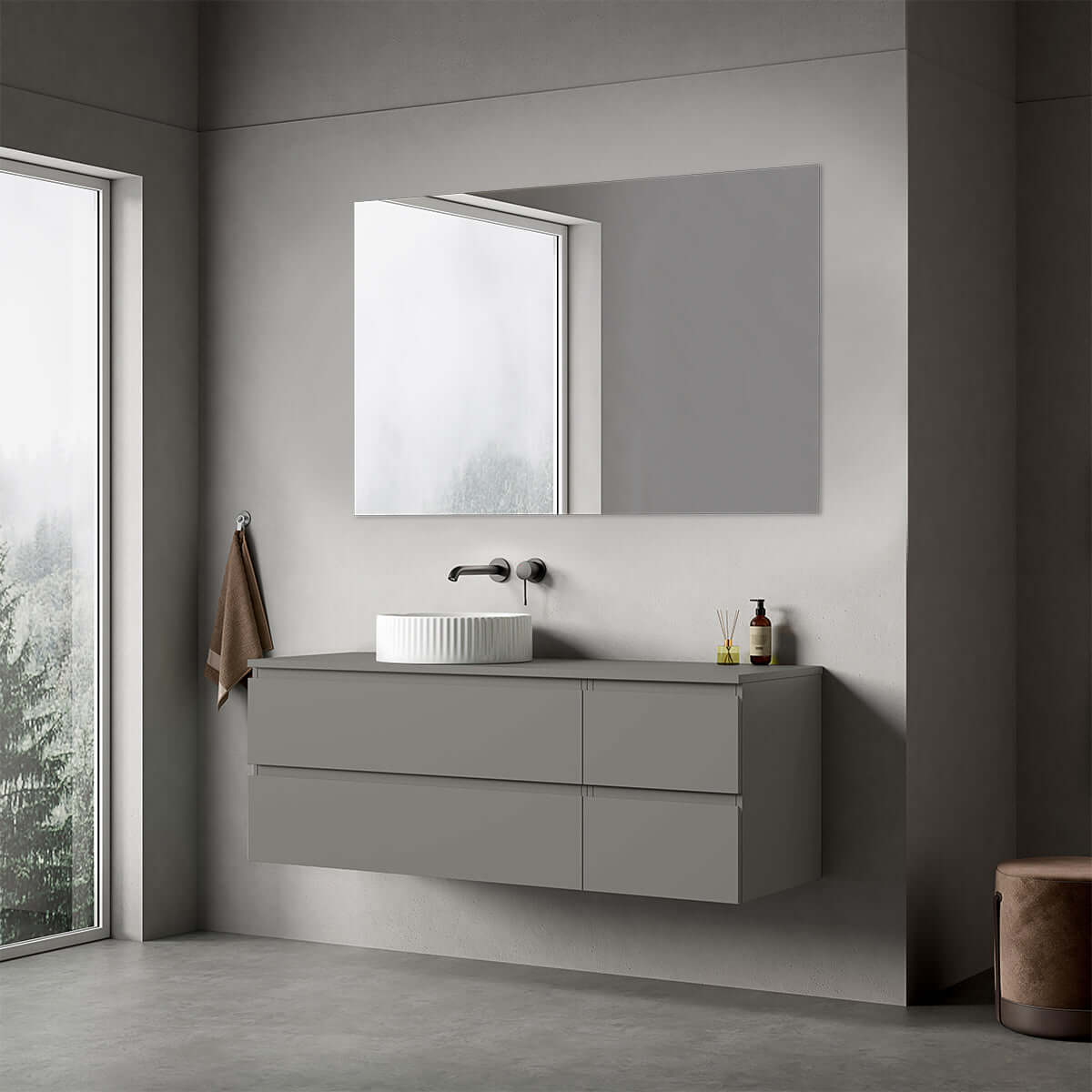 Mobile bagno sospeso reversibile  140 cm Grigio Londra per Lavabo d'appoggio Specchio Quadro - Fiji Paint