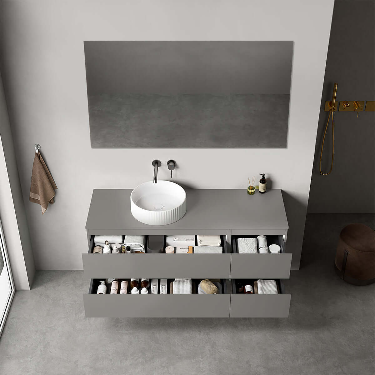 Mobile bagno sospeso reversibile  140 cm Grigio Londra per Lavabo d'appoggio Specchio Quadro - Fiji Paint