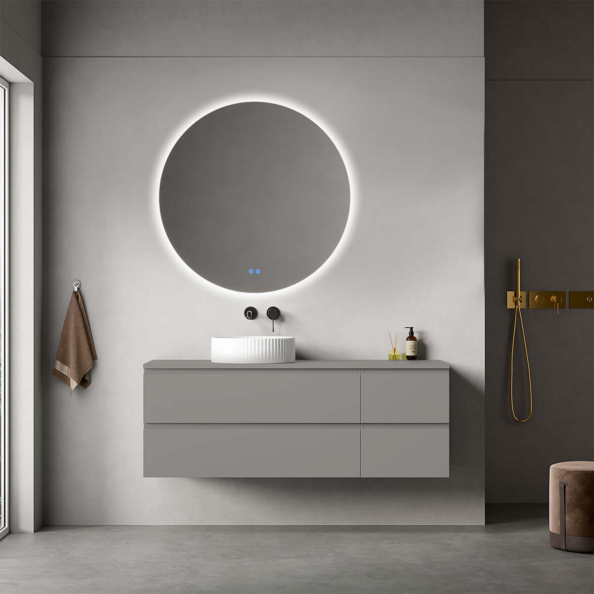 Mobile bagno sospeso reversibile  140 cm Grigio Londra per Lavabo d'appoggio Specchio Tondo Retroilluminato - Fiji Paint