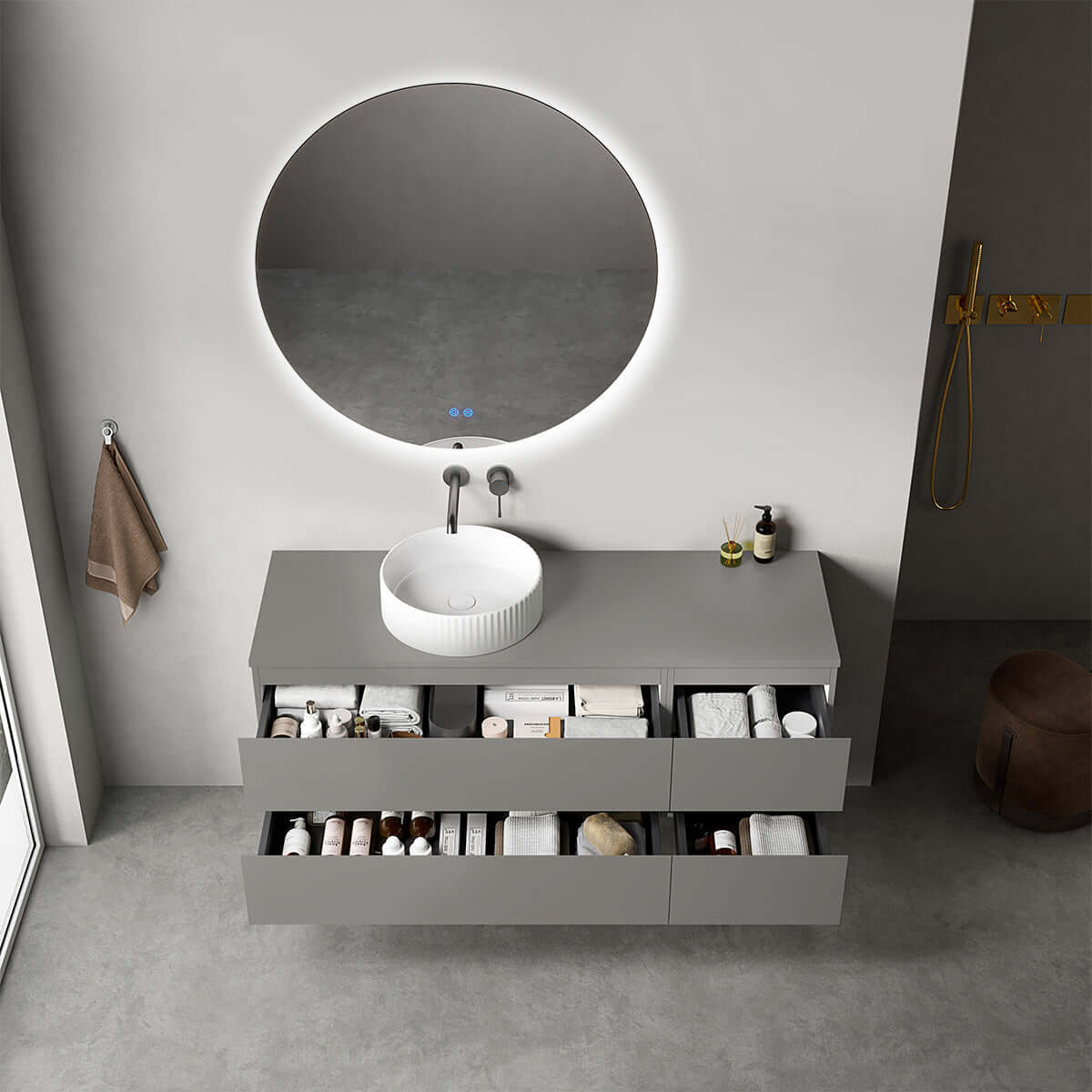 Mobile bagno sospeso reversibile  140 cm Grigio Londra per Lavabo d'appoggio Specchio Tondo Retroilluminato - Fiji Paint