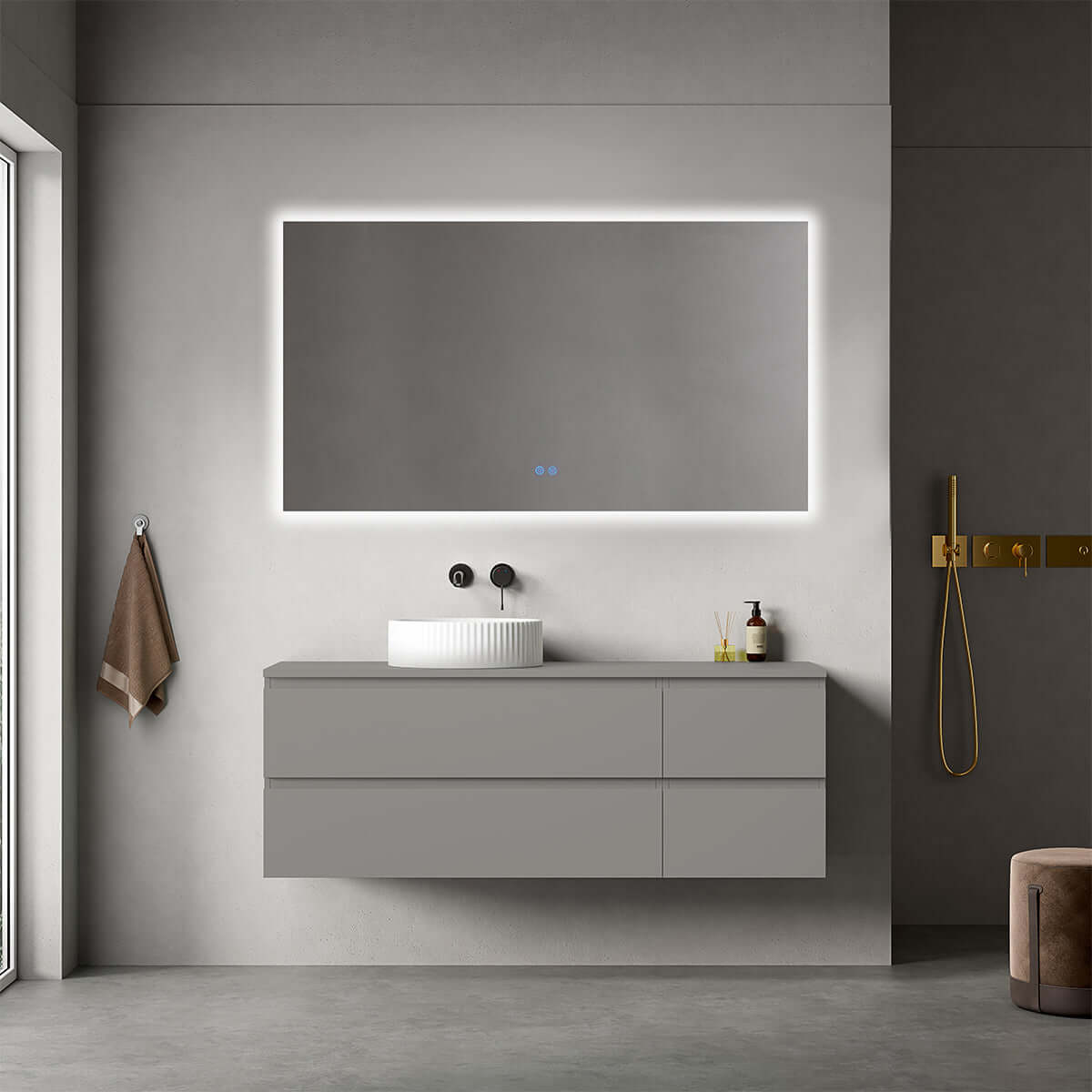 Mobile bagno sospeso reversibile  140 cm Grigio Londra per Lavabo d'appoggio Specchio Quadro Retroilluminato - Fiji Paint