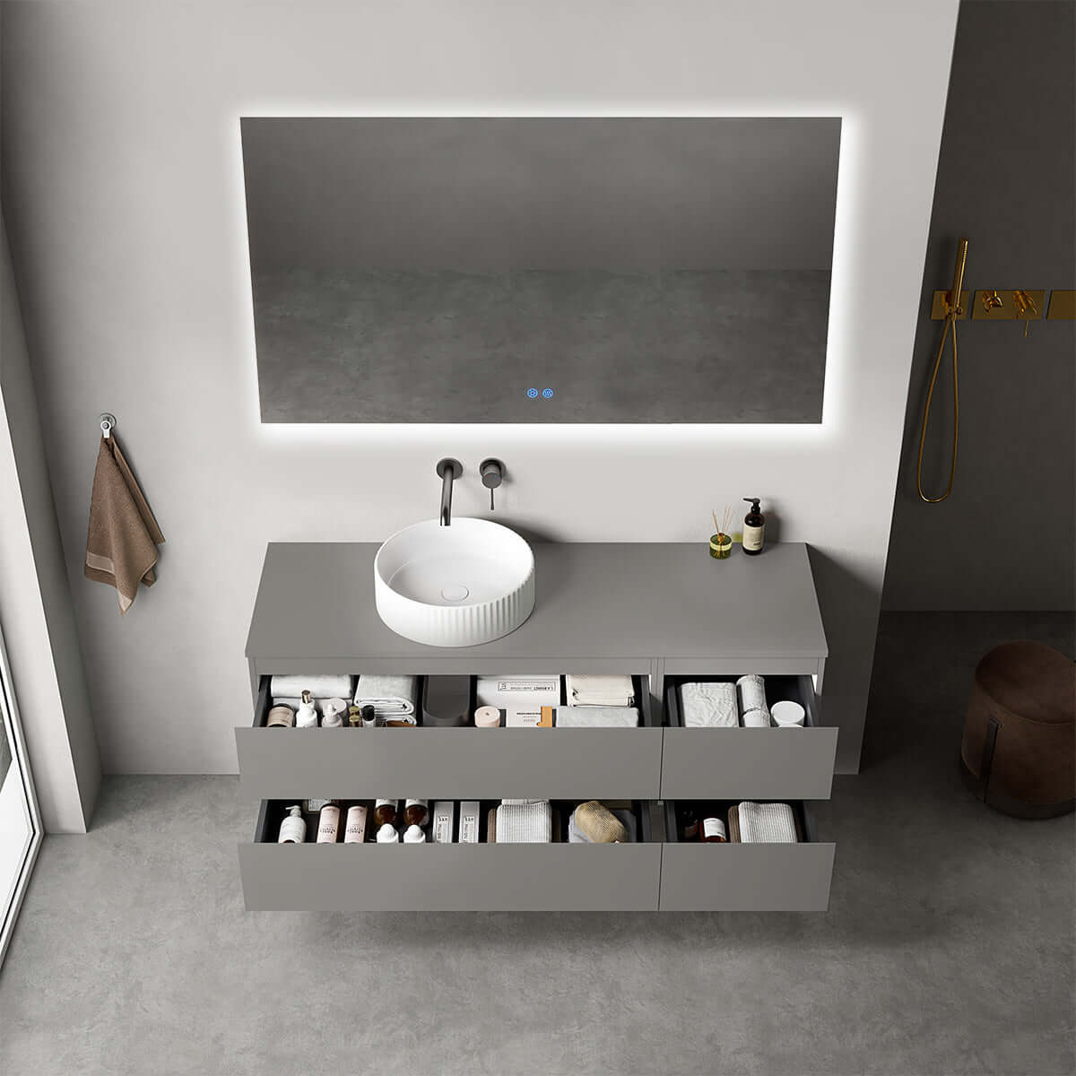 Mobile bagno sospeso reversibile  140 cm Grigio Londra per Lavabo d'appoggio Specchio Quadro Retroilluminato - Fiji Paint