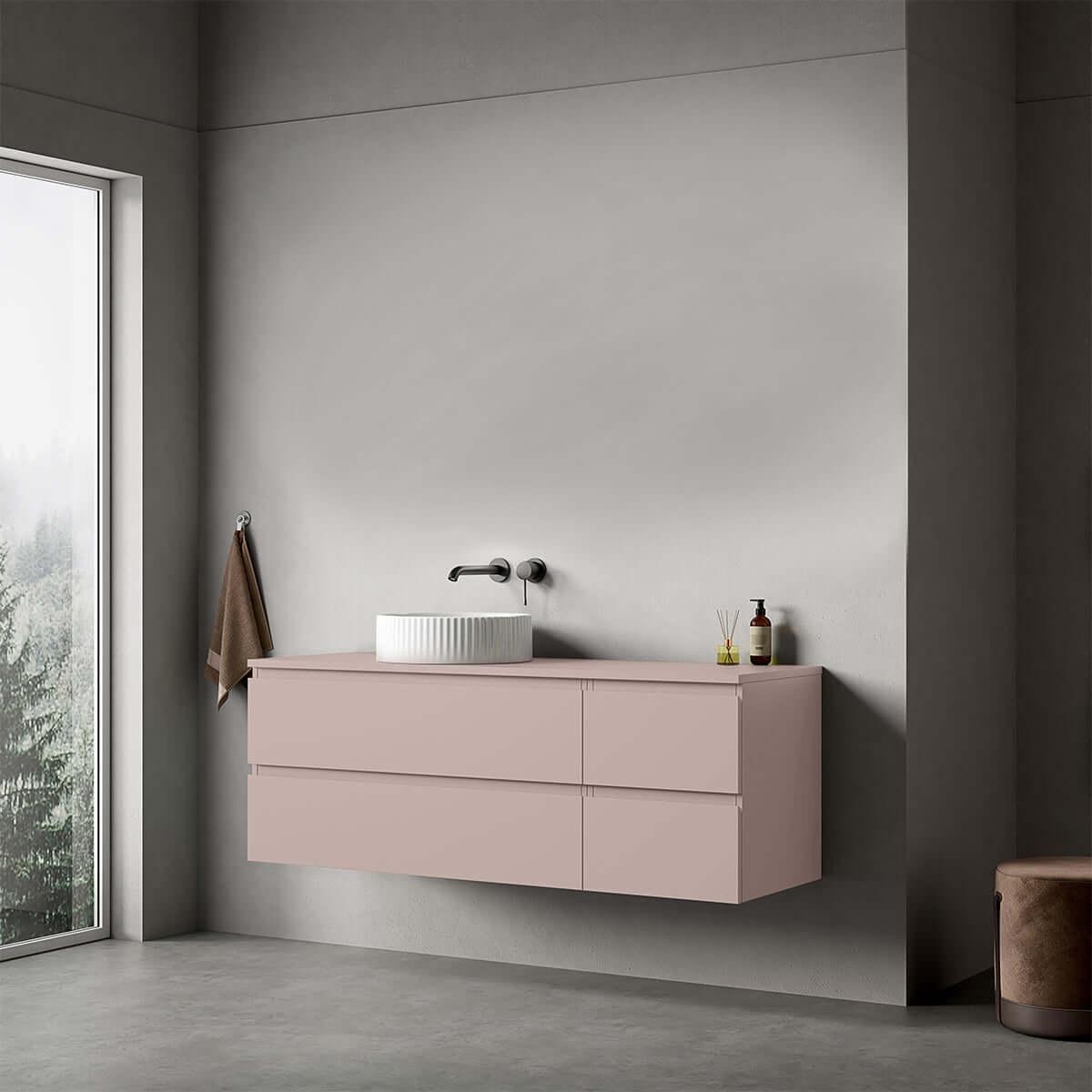 Mobile bagno sospeso reversibile  140 cm Rosa Retrò per Lavabo d'appoggio Senza Specchio - Fiji Paint