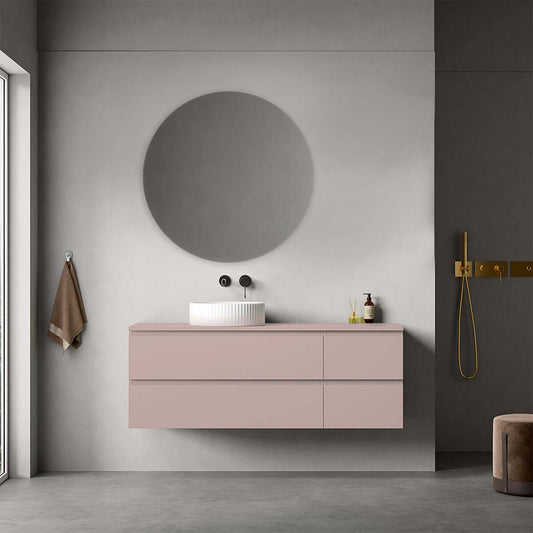 Mobile bagno sospeso reversibile  140 cm Rosa Retrò per Lavabo d'appoggio Specchio Tondo - Fiji Paint