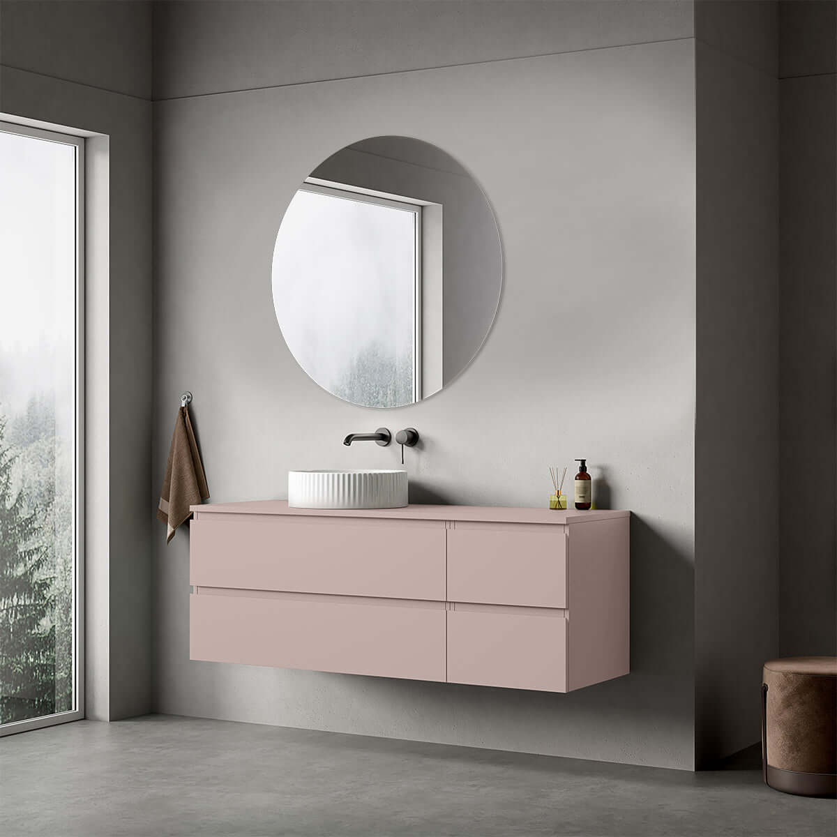 Mobile bagno sospeso reversibile  140 cm Rosa Retrò per Lavabo d'appoggio Specchio Tondo - Fiji Paint