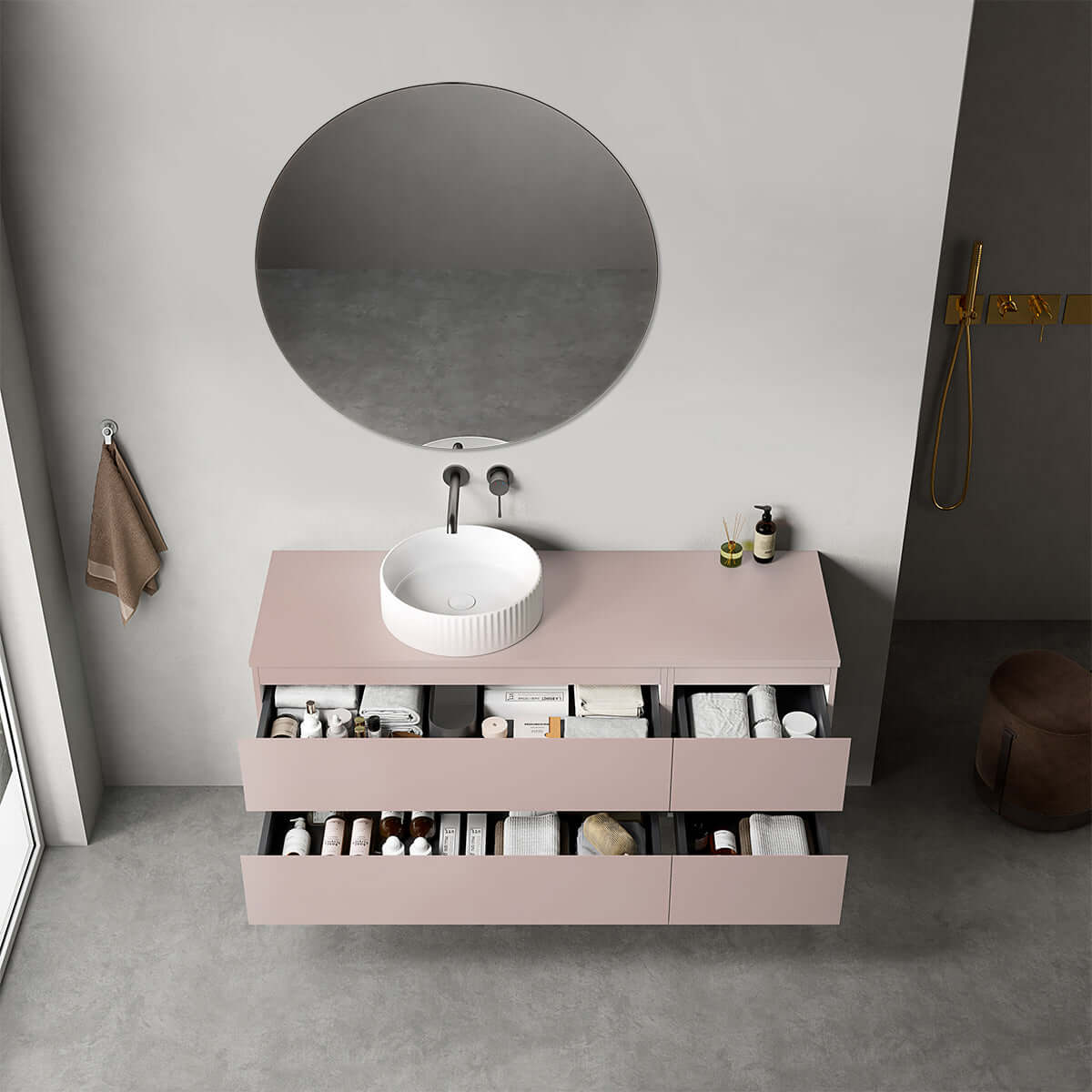 Mobile bagno sospeso reversibile  140 cm Rosa Retrò per Lavabo d'appoggio Specchio Tondo - Fiji Paint